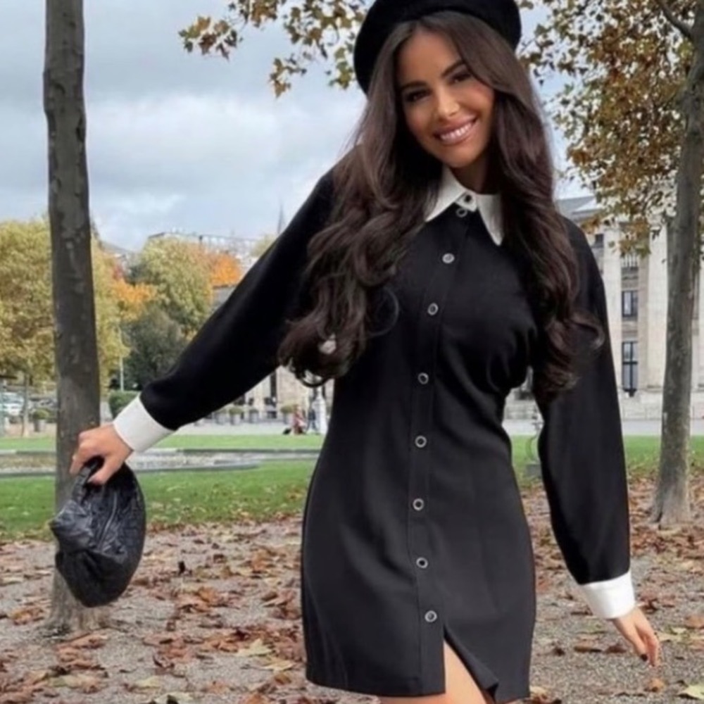 Zara Black and White Collared Mini Shirtdress with Contrast Cuffs & Gold Buttons